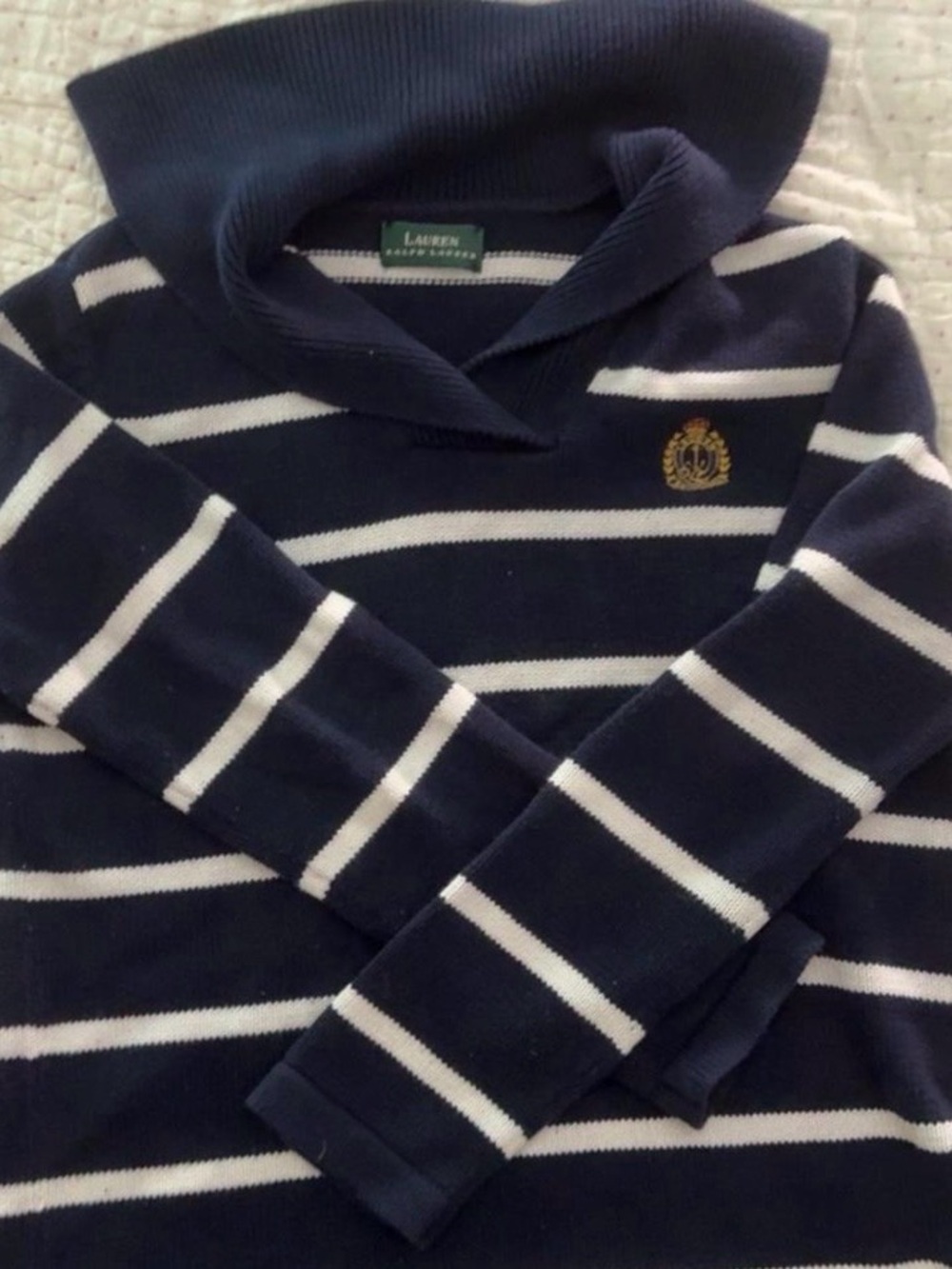 Ralph Lauren Navy & White Striped Knit Sweater with Gold Crest